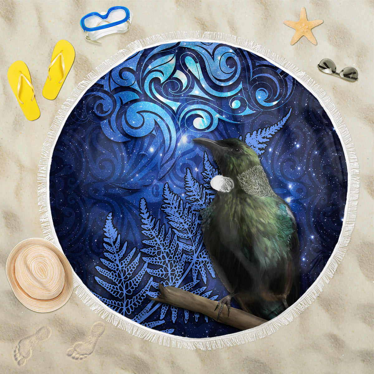 New Zealand Tui Bird Matariki Beach Blanket Maori New Year with Galaxy Fern LT03 One Size 150cm Blue - Polynesian Pride