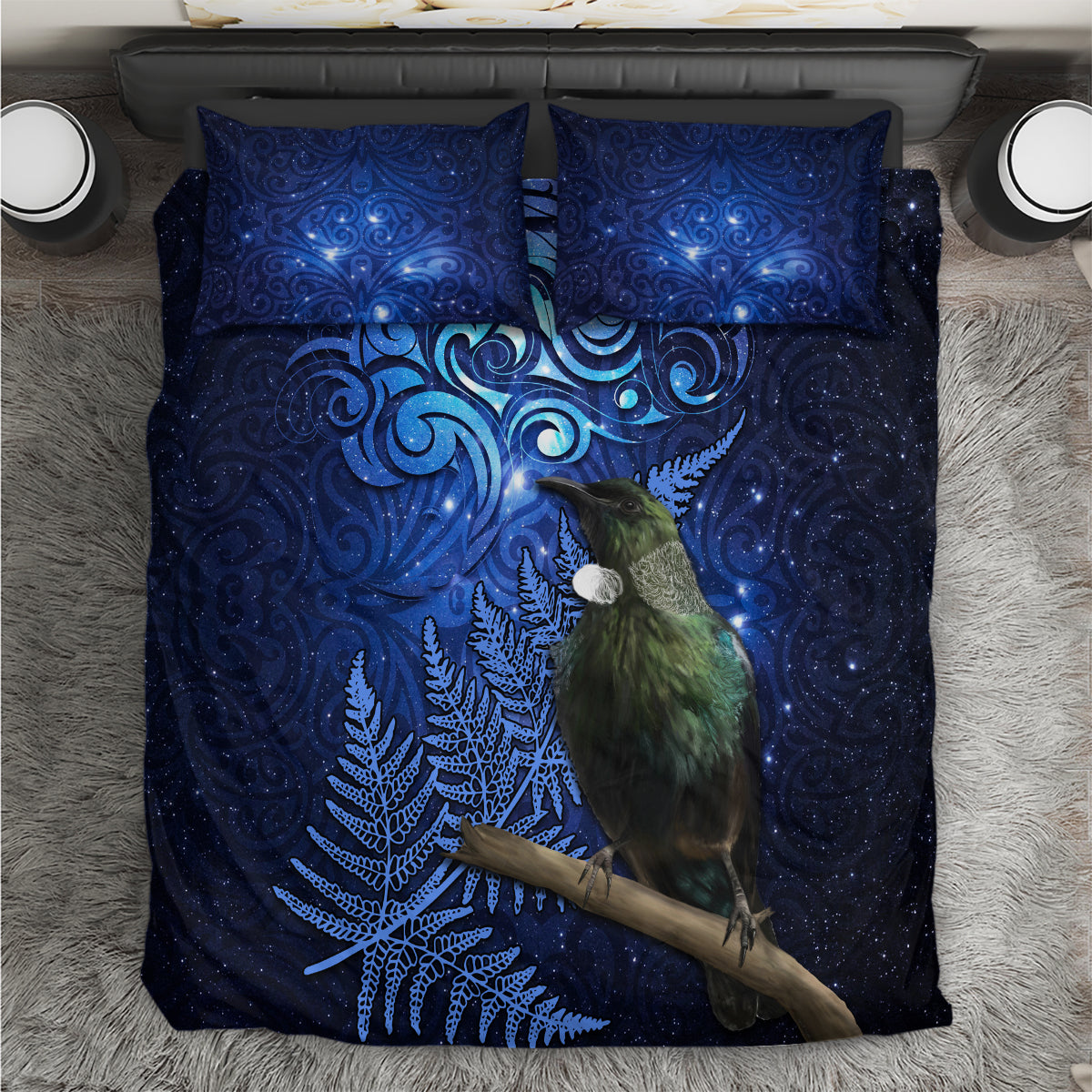 New Zealand Tui Bird Matariki Bedding Set Maori New Year with Galaxy Fern