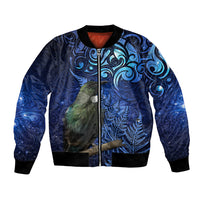 New Zealand Tui Bird Matariki Bomber Jacket Maori New Year with Galaxy Fern LT03 Unisex Blue - Polynesian Pride