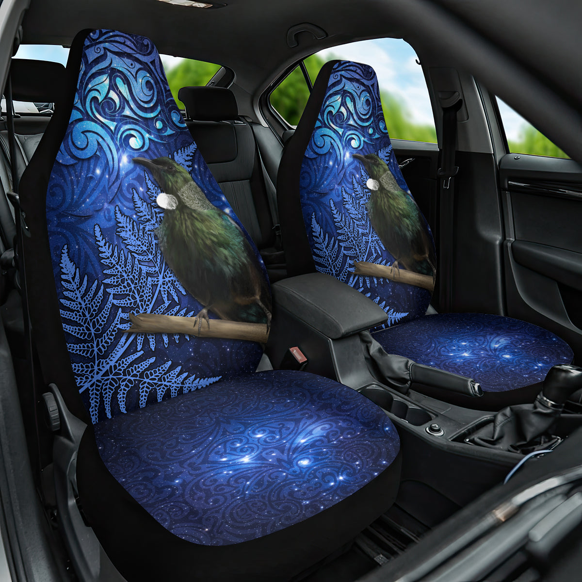 New Zealand Tui Bird Matariki Car Seat Cover Maori New Year with Galaxy Fern LT03 One Size Blue - Polynesian Pride