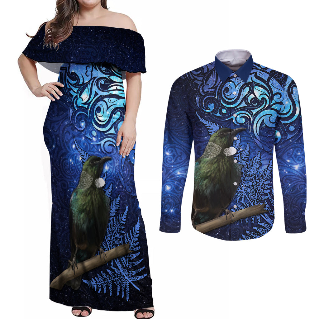 New Zealand Tui Bird Matariki Couples Matching Off Shoulder Maxi Dress and Long Sleeve Button Shirt Maori New Year with Galaxy Fern