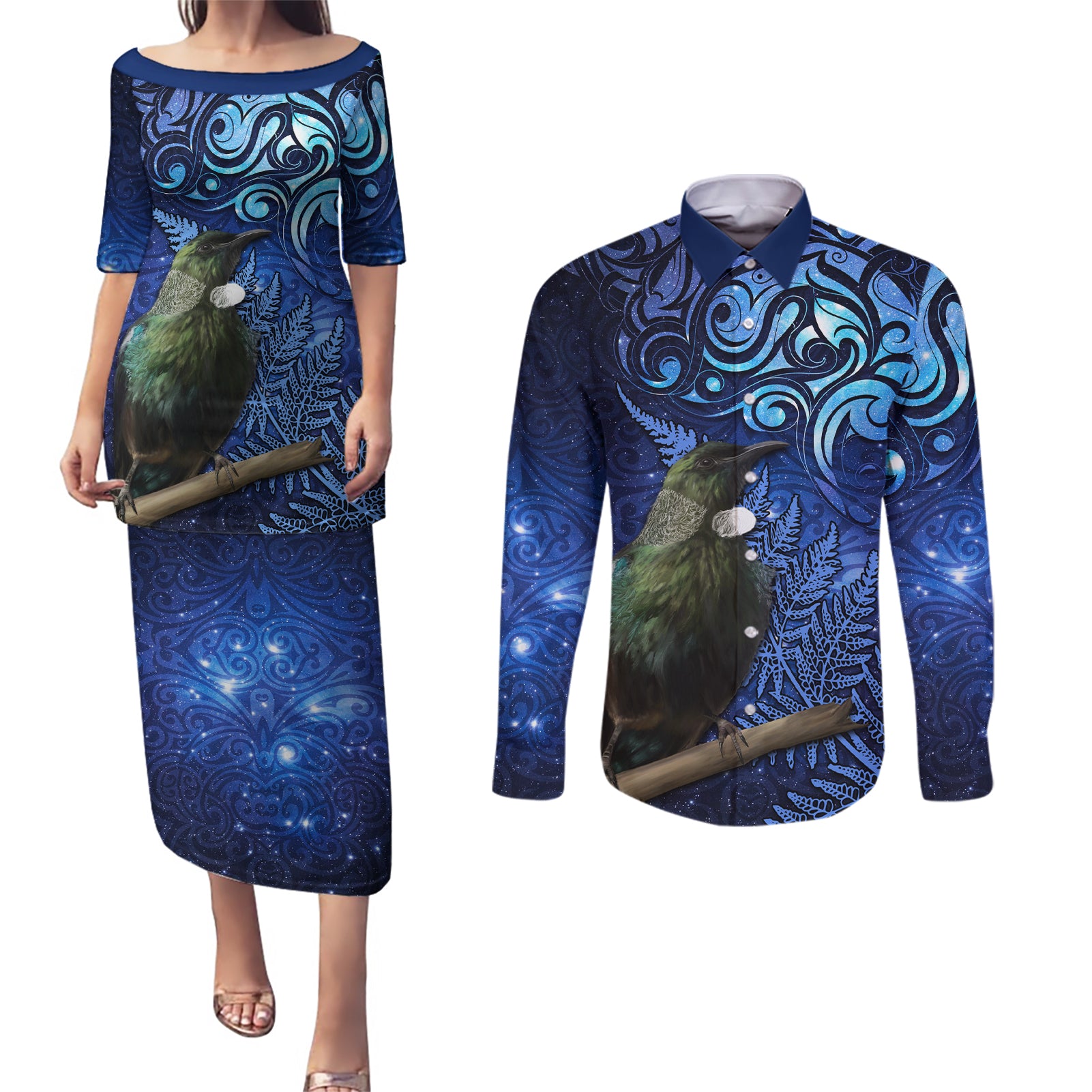 New Zealand Tui Bird Matariki Couples Matching Puletasi and Long Sleeve Button Shirt Maori New Year with Galaxy Fern