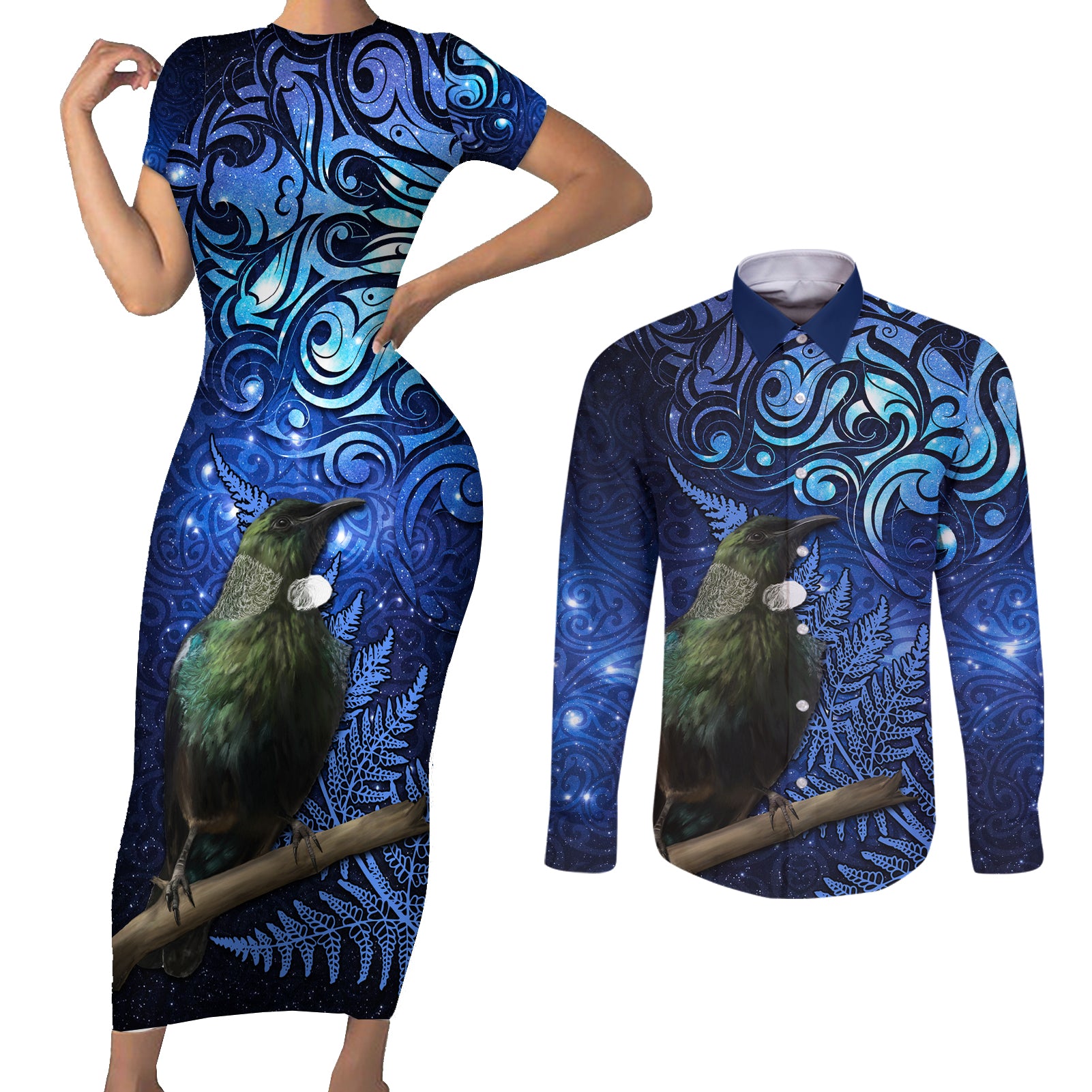 New Zealand Tui Bird Matariki Couples Matching Short Sleeve Bodycon Dress and Long Sleeve Button Shirt Maori New Year with Galaxy Fern