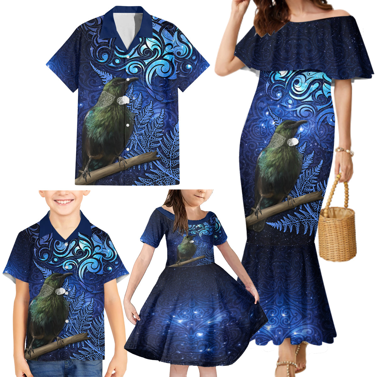 New Zealand Tui Bird Matariki Family Matching Mermaid Dress and Hawaiian Shirt Maori New Year with Galaxy Fern