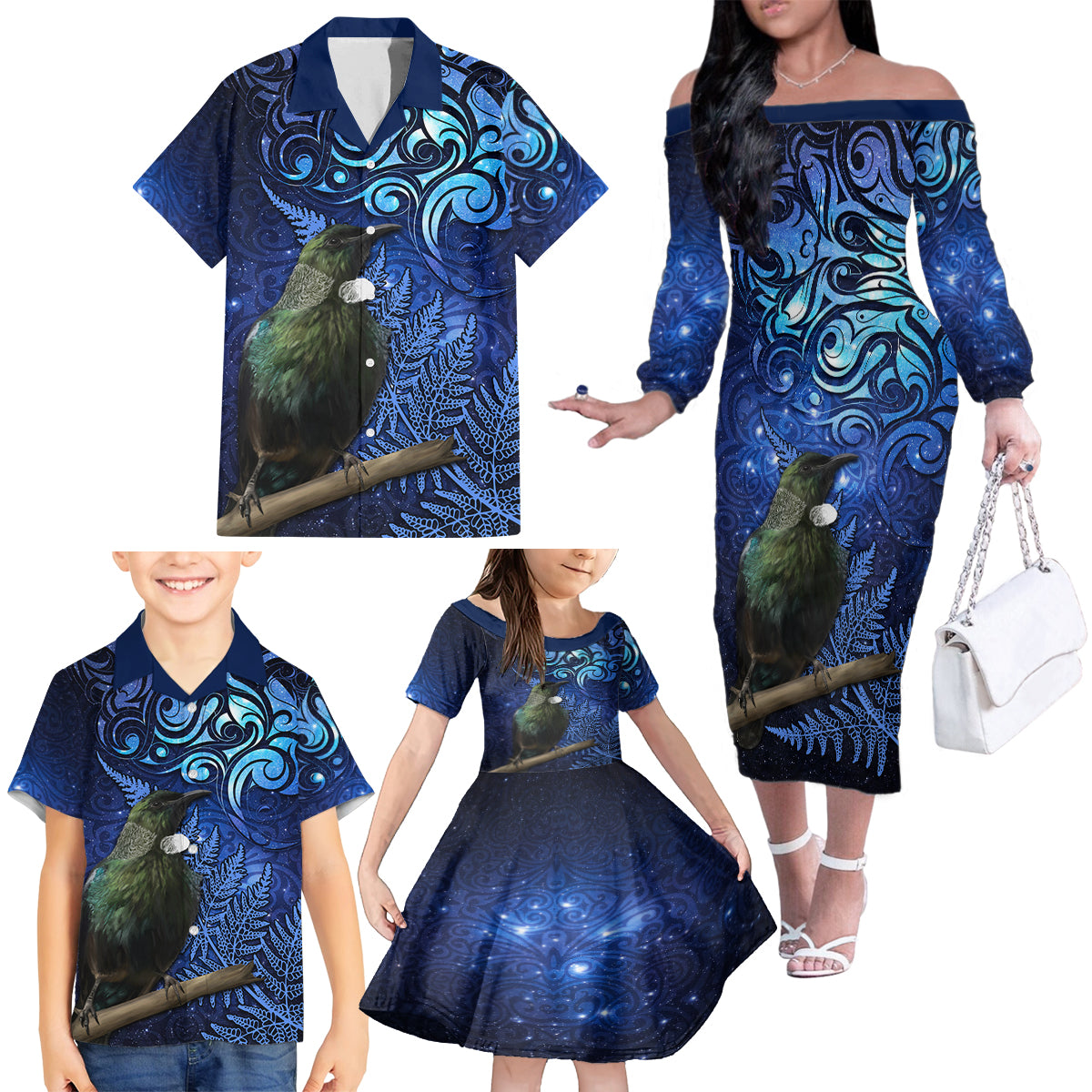 New Zealand Tui Bird Matariki Family Matching Off The Shoulder Long Sleeve Dress and Hawaiian Shirt Maori New Year with Galaxy Fern