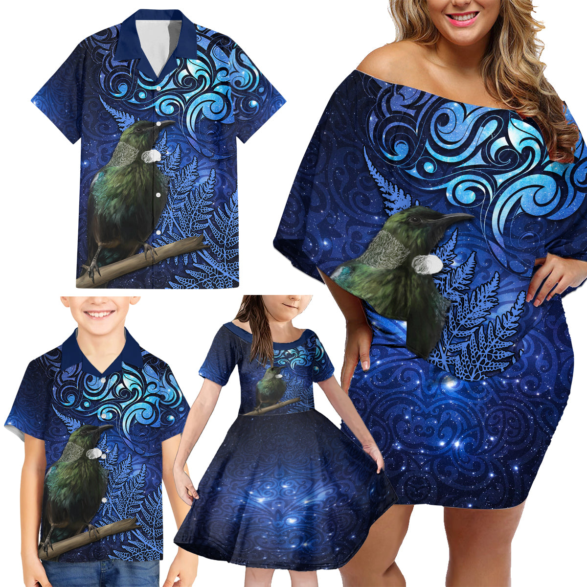 New Zealand Tui Bird Matariki Family Matching Off Shoulder Short Dress and Hawaiian Shirt Maori New Year with Galaxy Fern