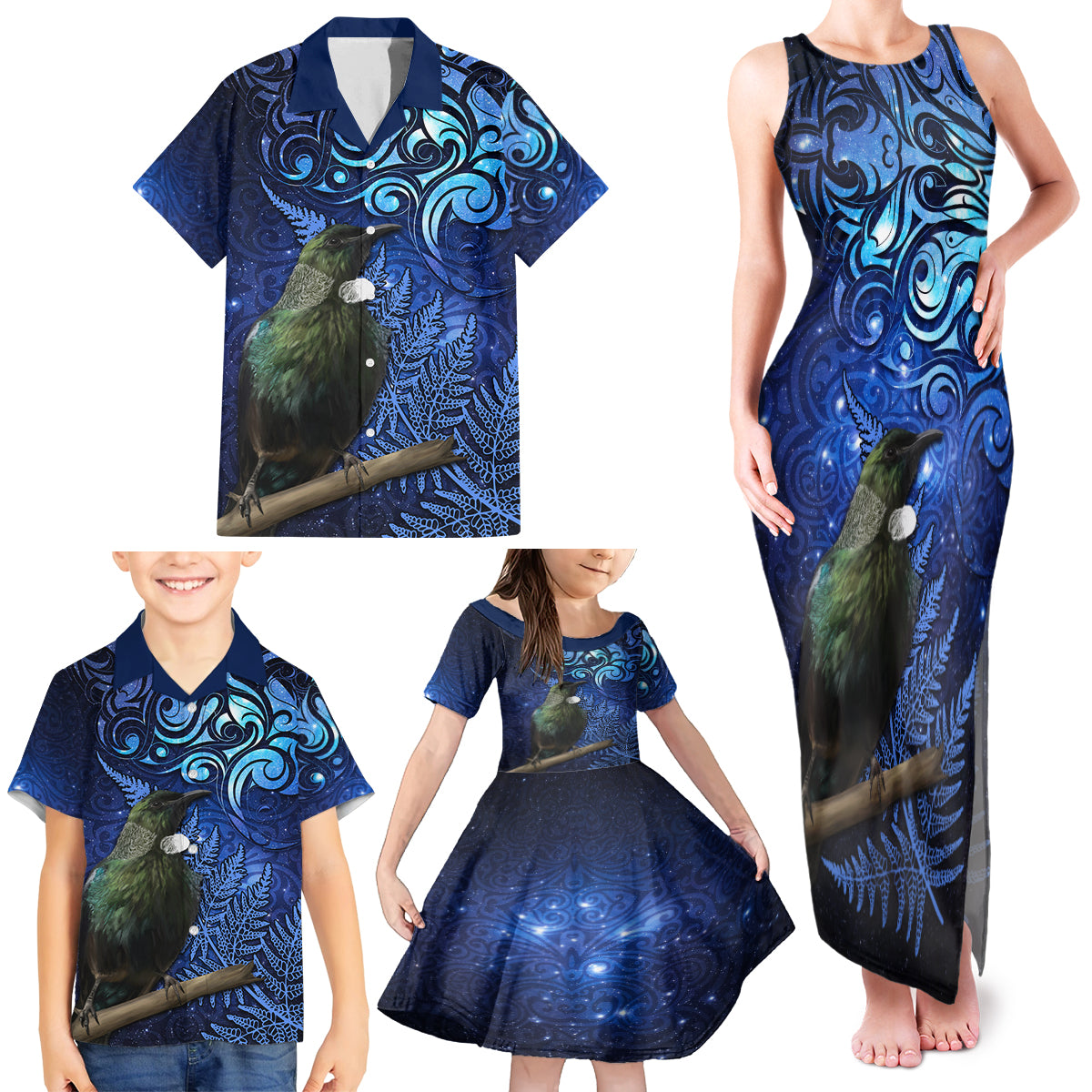 New Zealand Tui Bird Matariki Family Matching Tank Maxi Dress and Hawaiian Shirt Maori New Year with Galaxy Fern