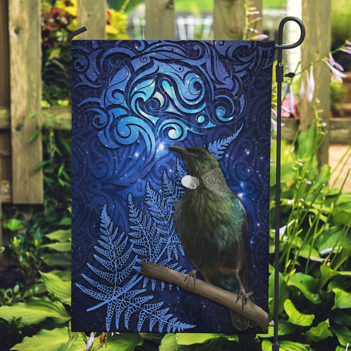 New Zealand Tui Bird Matariki Garden Flag Maori New Year with Galaxy Fern