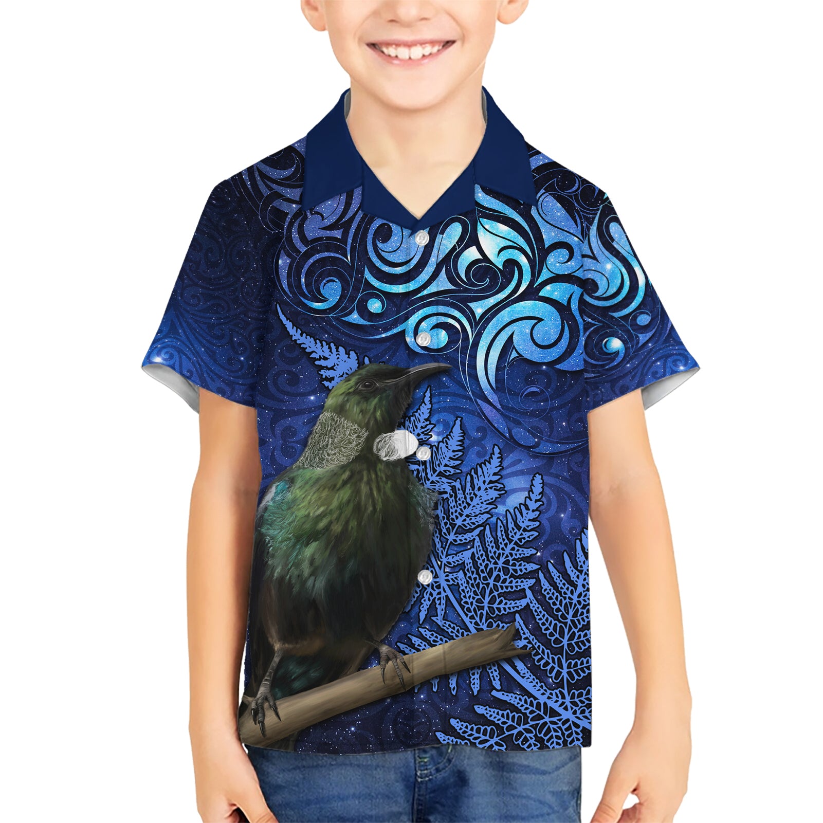 New Zealand Tui Bird Matariki Kid Hawaiian Shirt Maori New Year with Galaxy Fern