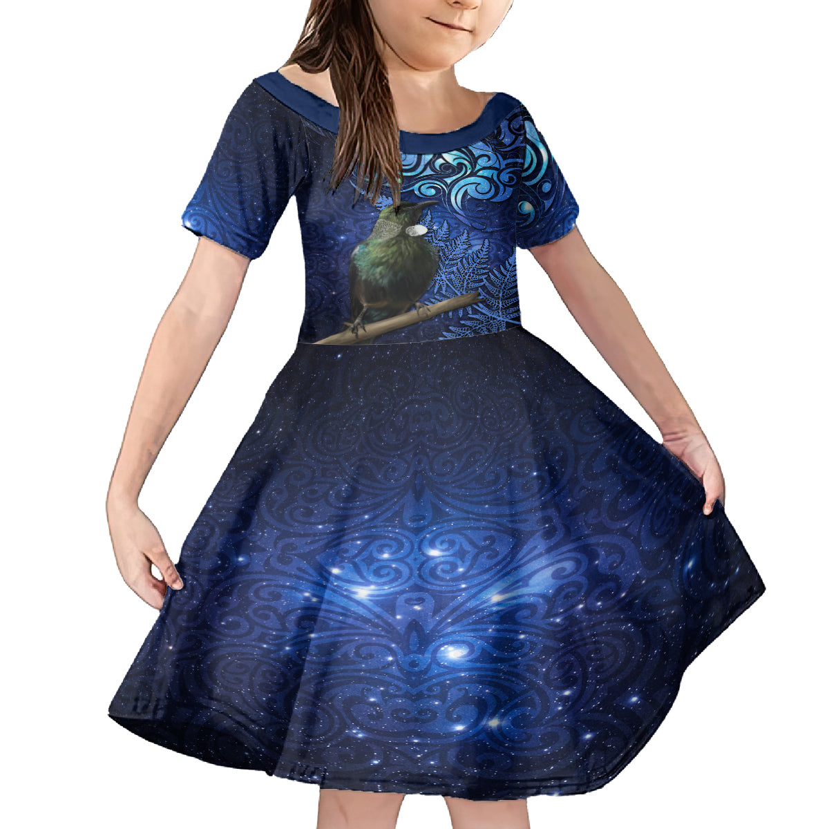 New Zealand Tui Bird Matariki Kid Short Sleeve Dress Maori New Year with Galaxy Fern