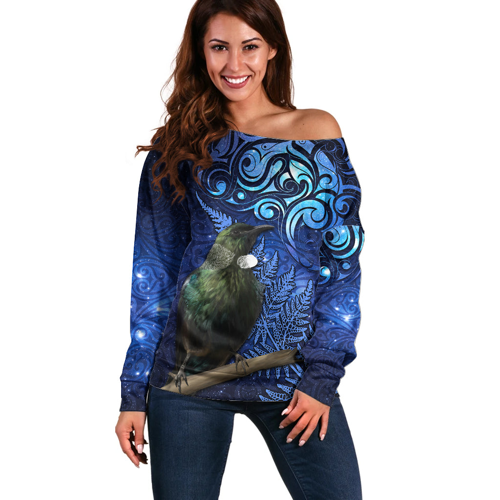 New Zealand Tui Bird Matariki Off Shoulder Sweater Maori New Year with Galaxy Fern LT03 Women Blue - Polynesian Pride