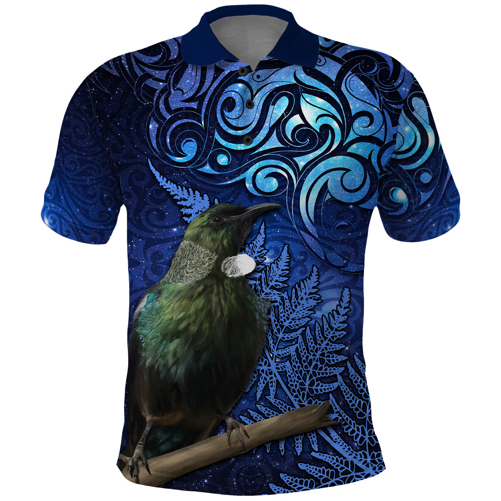 New Zealand Tui Bird Matariki Polo Shirt Maori New Year with Galaxy Fern