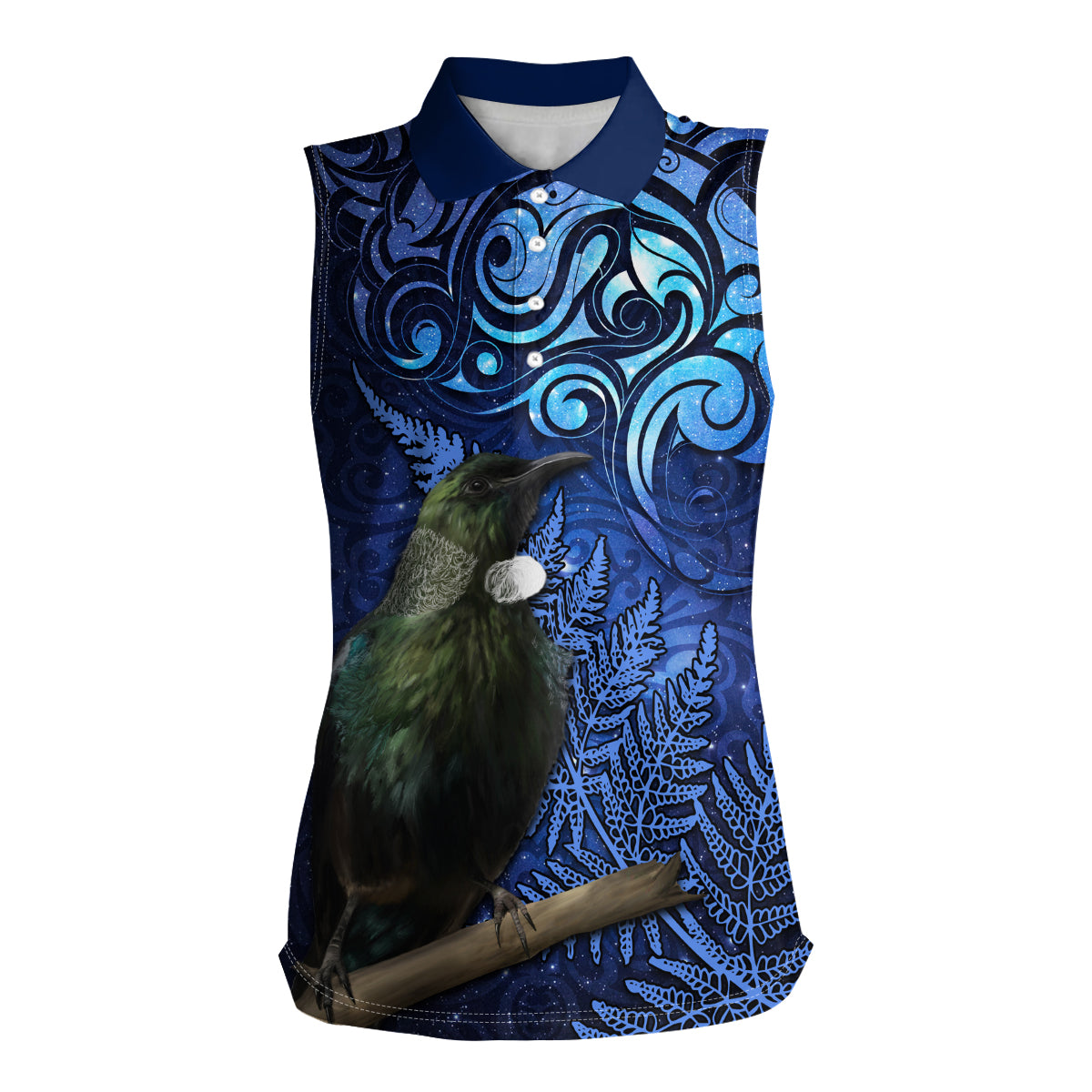 New Zealand Tui Bird Matariki Women Sleeveless Polo Shirt Maori New Year with Galaxy Fern