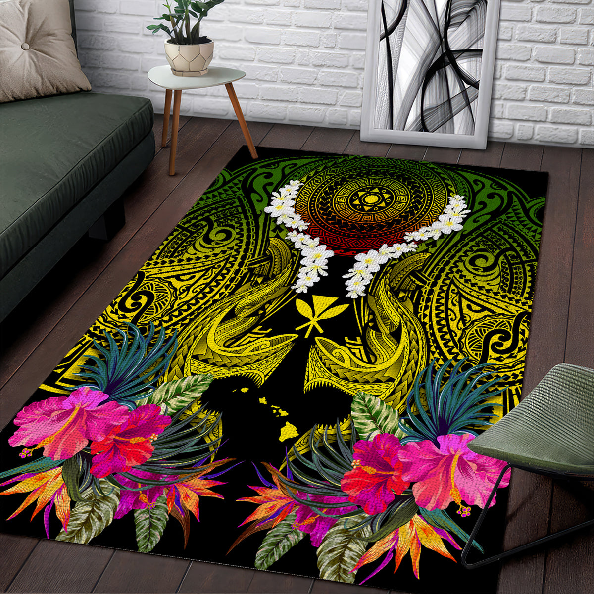 Hawaii Kanaka Maoli Area Rug Double Shark and Hibiscus Flowers LT03 Black - Polynesian Pride