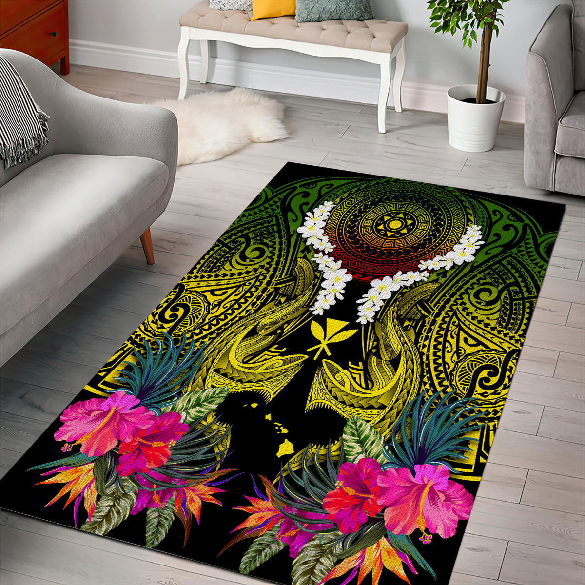 Hawaii Kanaka Maoli Area Rug Double Shark and Hibiscus Flowers LT03 - Polynesian Pride