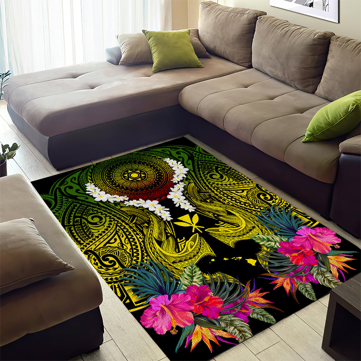 Hawaii Kanaka Maoli Area Rug Double Shark and Hibiscus Flowers LT03 - Polynesian Pride