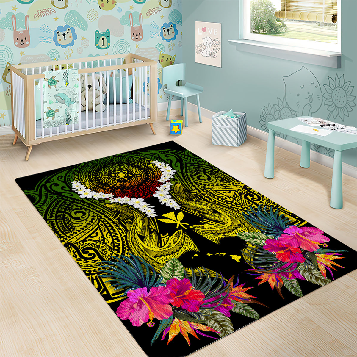 Hawaii Kanaka Maoli Area Rug Double Shark and Hibiscus Flowers LT03 - Polynesian Pride