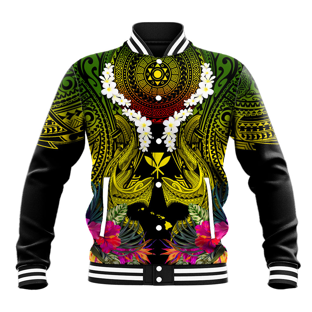 Hawaii Kanaka Maoli Baseball Jacket Double Shark and Hibiscus Flowers LT03 Unisex Black - Polynesian Pride