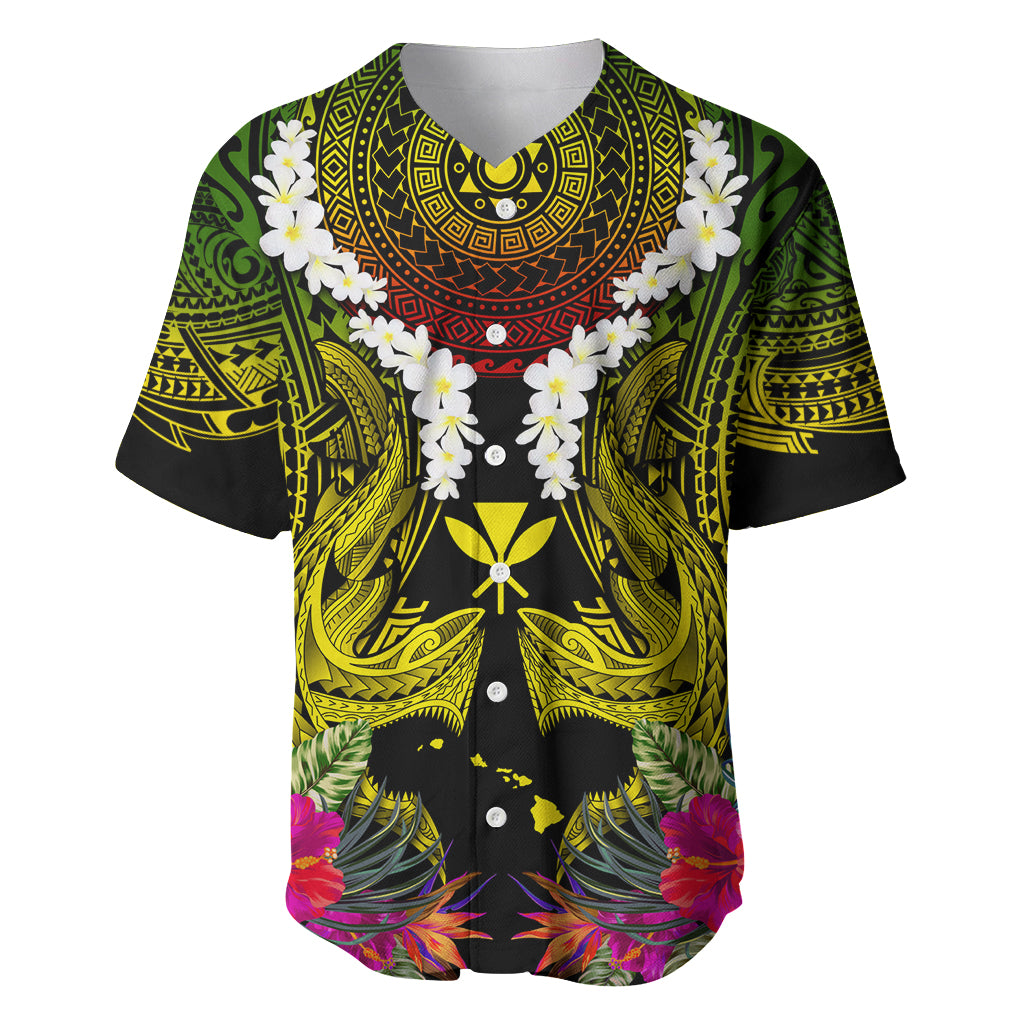 Hawaii Kanaka Maoli Baseball Jersey Double Shark and Hibiscus Flowers LT03 Black - Polynesian Pride