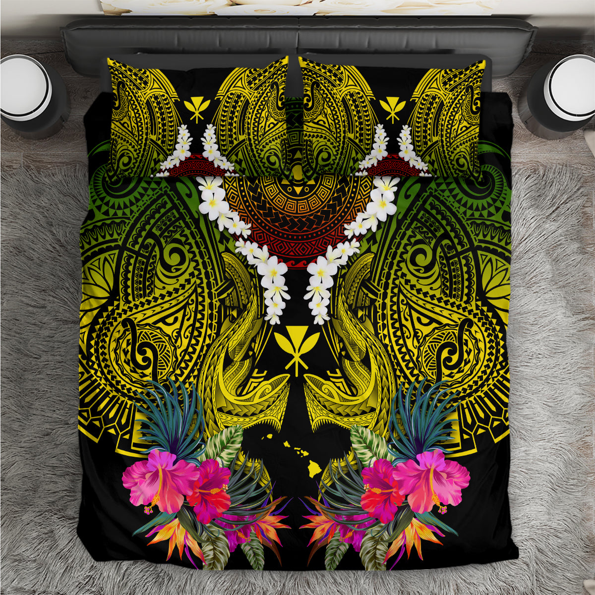 Hawaii Kanaka Maoli Bedding Set Double Shark and Hibiscus Flowers LT03 Black - Polynesian Pride