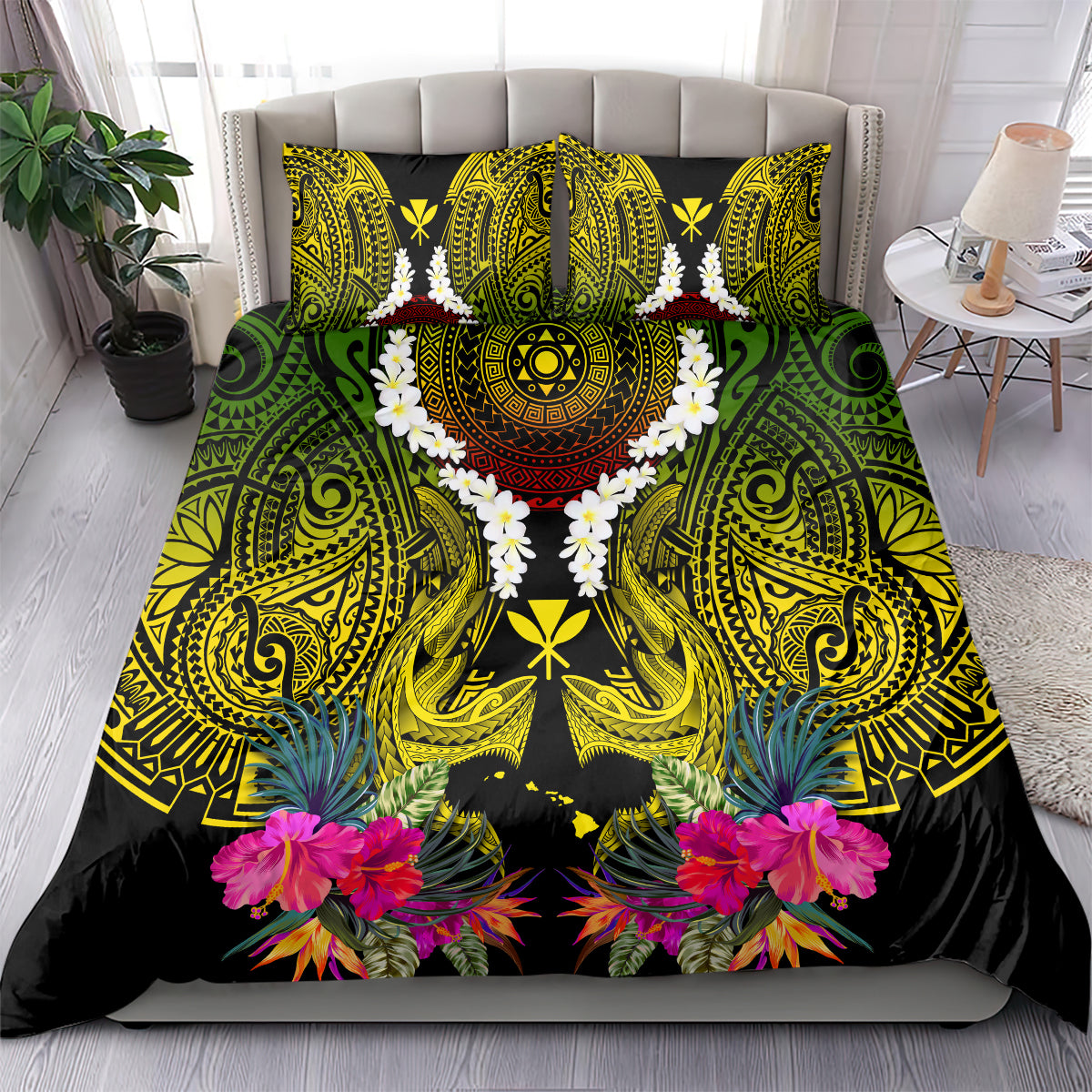 Hawaii Kanaka Maoli Bedding Set Double Shark and Hibiscus Flowers LT03 - Polynesian Pride