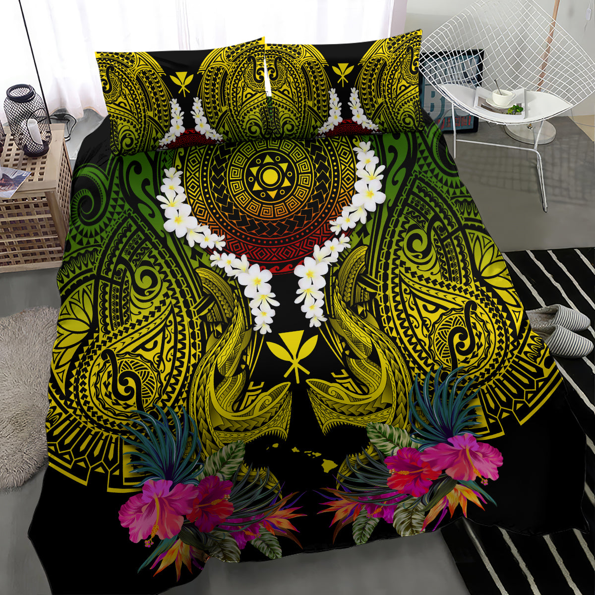Hawaii Kanaka Maoli Bedding Set Double Shark and Hibiscus Flowers LT03 - Polynesian Pride