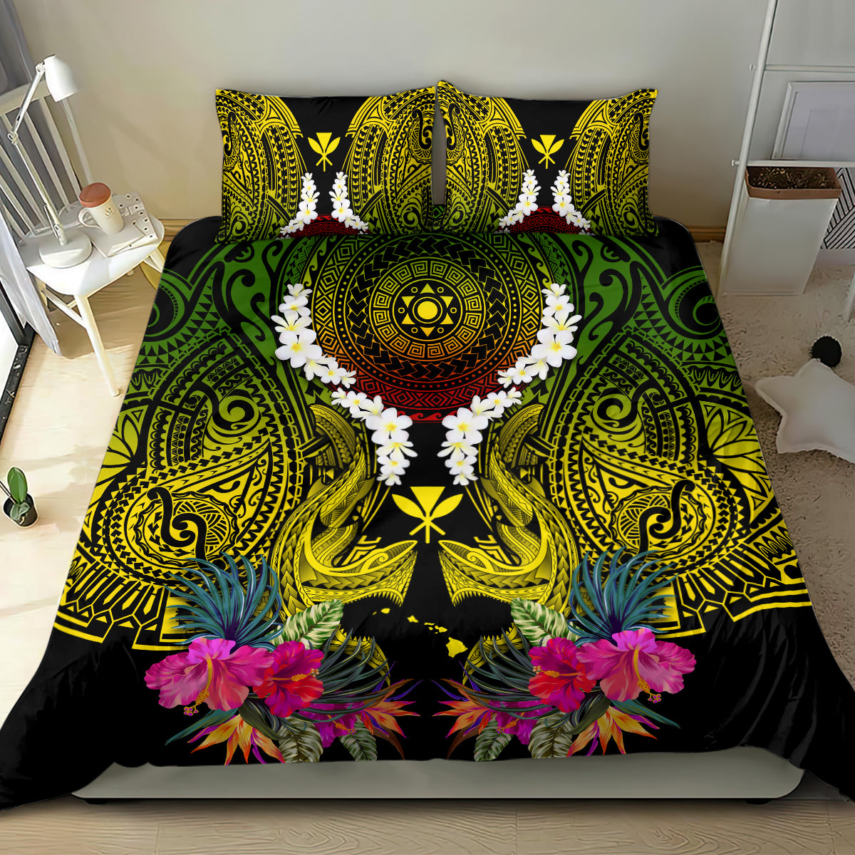 Hawaii Kanaka Maoli Bedding Set Double Shark and Hibiscus Flowers LT03 - Polynesian Pride