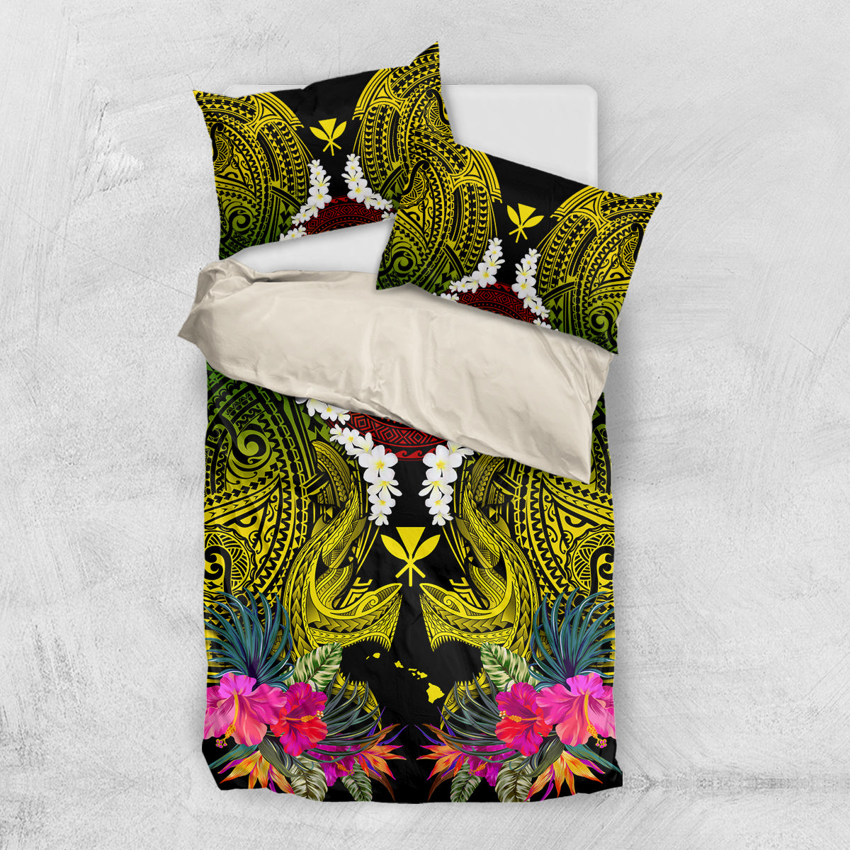 Hawaii Kanaka Maoli Bedding Set Double Shark and Hibiscus Flowers LT03 US Twin 172cm x 218cm Black - Polynesian Pride