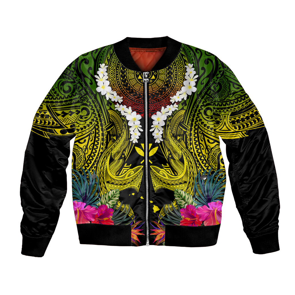Hawaii Kanaka Maoli Bomber Jacket Double Shark and Hibiscus Flowers LT03 Unisex Black - Polynesian Pride
