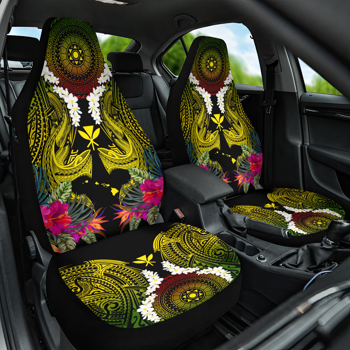 Hawaii Kanaka Maoli Car Seat Cover Double Shark and Hibiscus Flowers LT03 One Size Black - Polynesian Pride