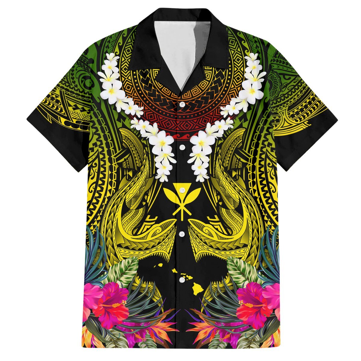 Hawaii Kanaka Maoli Hawaiian Shirt Double Shark and Hibiscus Flowers LT03 Black - Polynesian Pride
