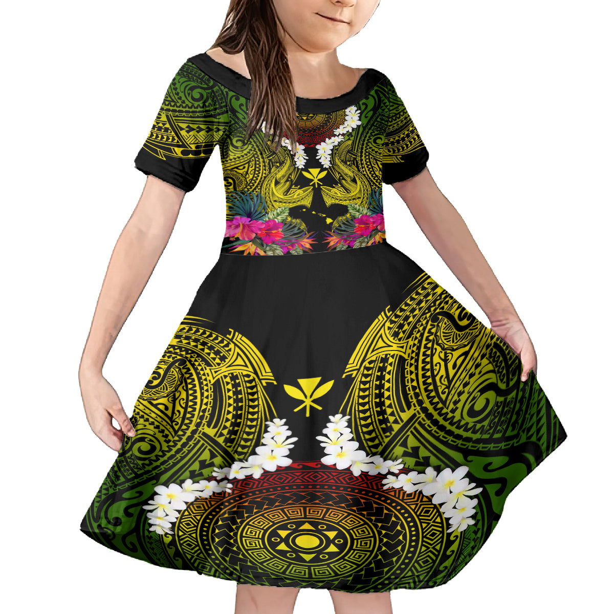 Hawaii Kanaka Maoli Kid Short Sleeve Dress Double Shark and Hibiscus Flowers LT03 KID Black - Polynesian Pride