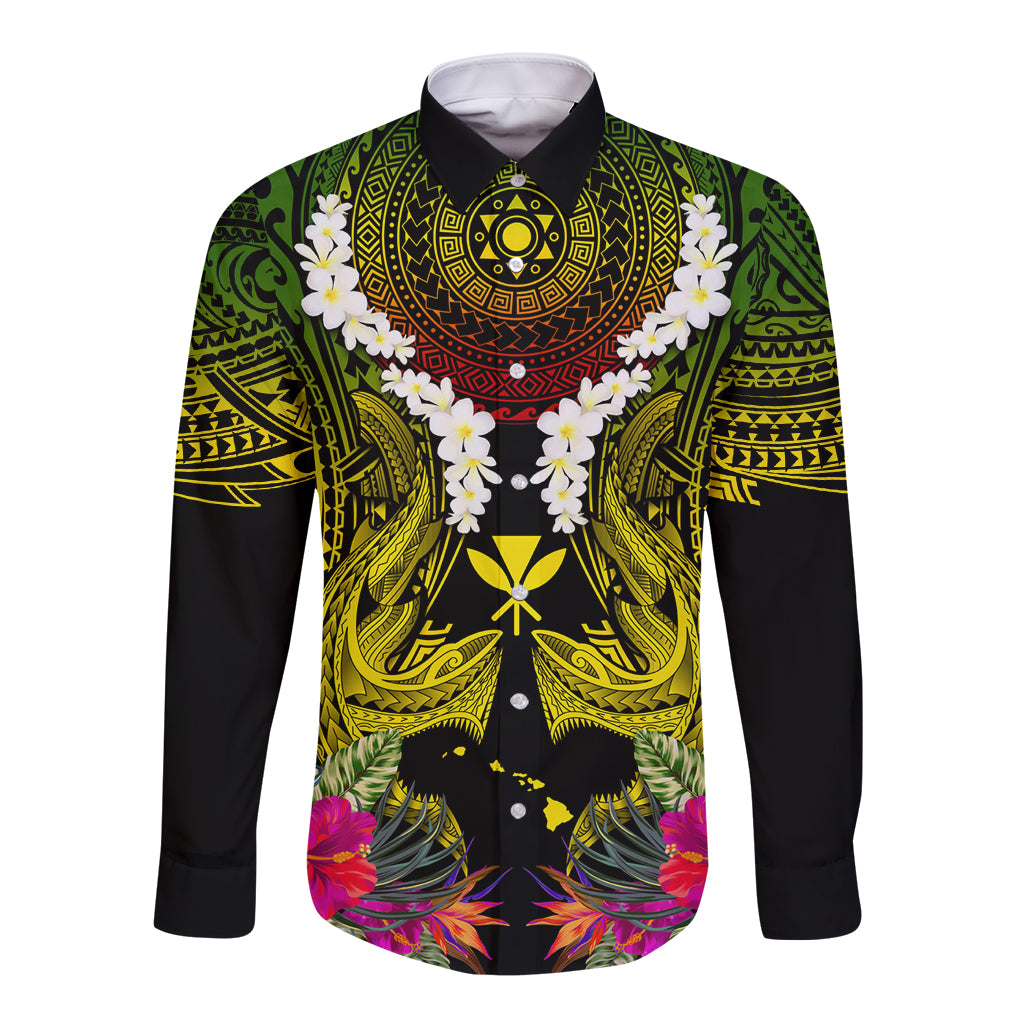 Hawaii Kanaka Maoli Long Sleeve Button Shirt Double Shark and Hibiscus Flowers LT03 Unisex Black - Polynesian Pride
