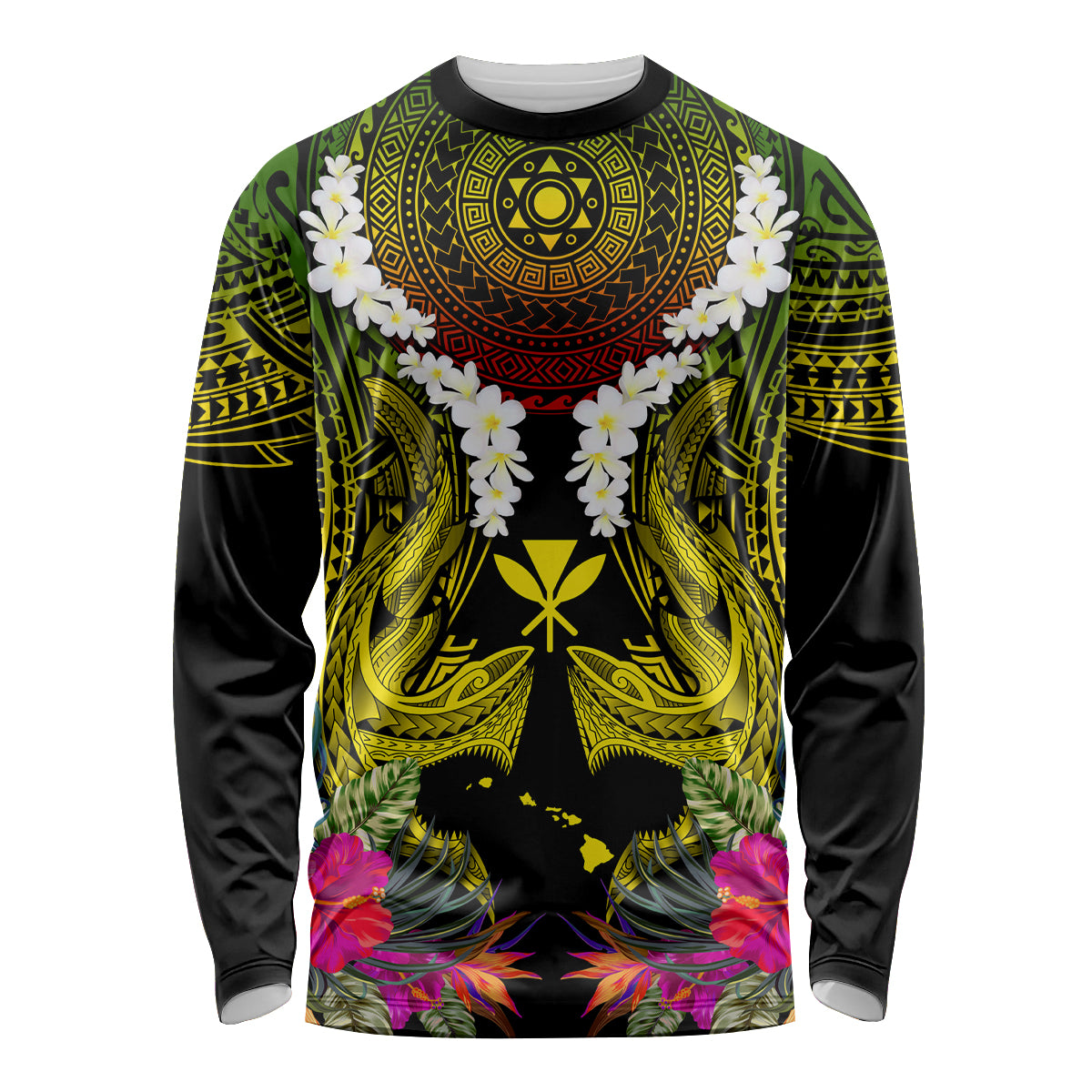 Hawaii Kanaka Maoli Long Sleeve Shirt Double Shark and Hibiscus Flowers LT03 Unisex Black - Polynesian Pride