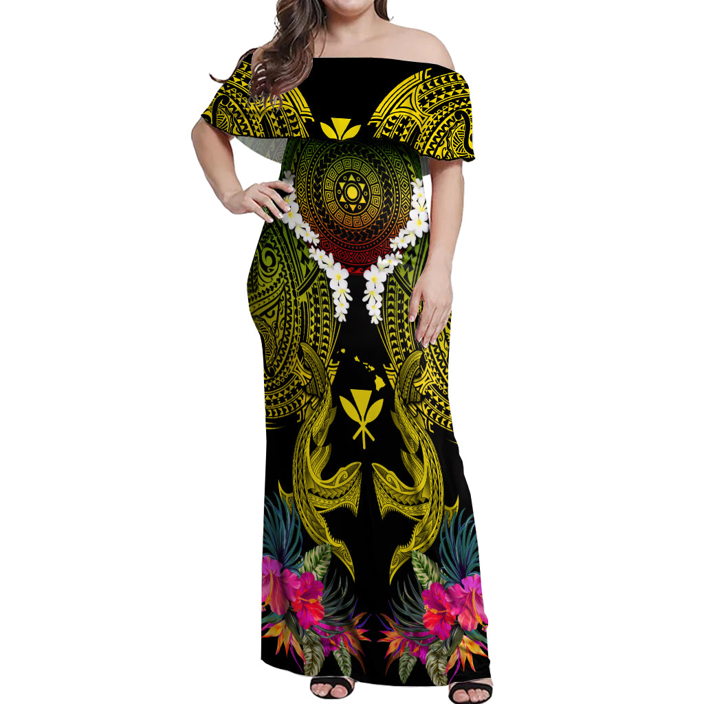 Hawaii Kanaka Maoli Off Shoulder Maxi Dress Double Shark and Hibiscus Flowers LT03 Women Black - Polynesian Pride