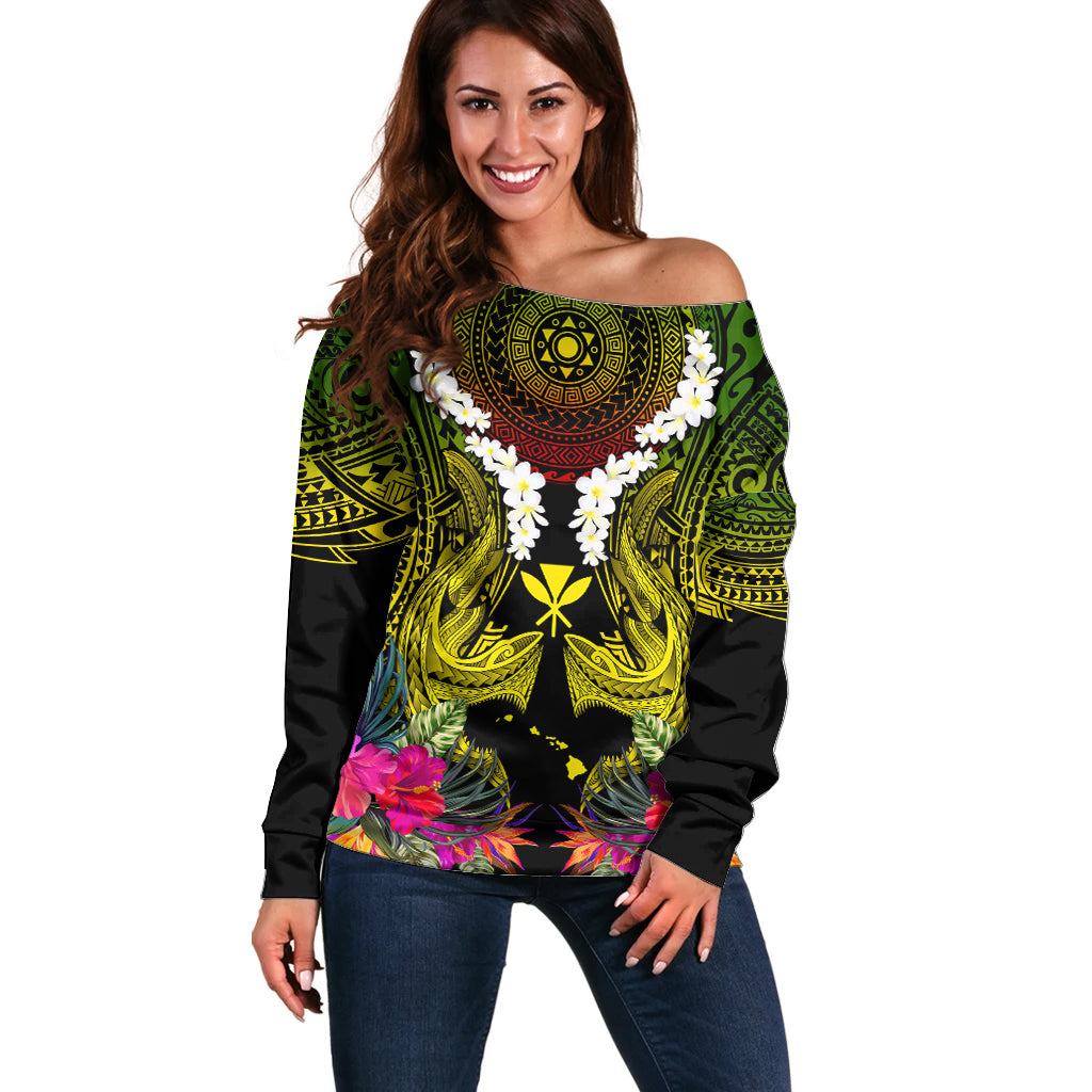 Hawaii Kanaka Maoli Off Shoulder Sweater Double Shark and Hibiscus Flowers LT03 Women Black - Polynesian Pride