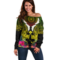 Hawaii Kanaka Maoli Off Shoulder Sweater Double Shark and Hibiscus Flowers LT03 Women Black - Polynesian Pride