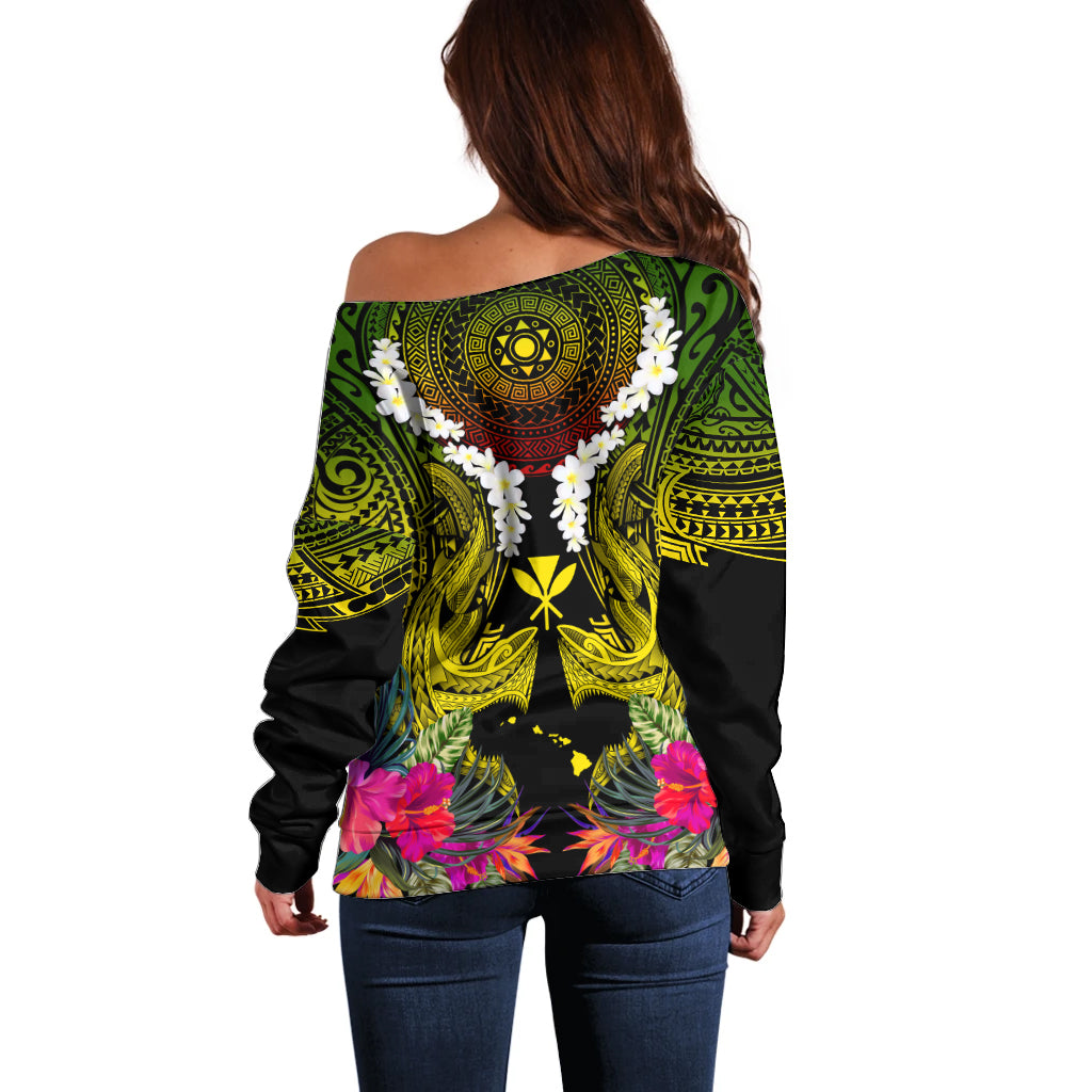 Hawaii Kanaka Maoli Off Shoulder Sweater Double Shark and Hibiscus Flowers LT03 - Polynesian Pride