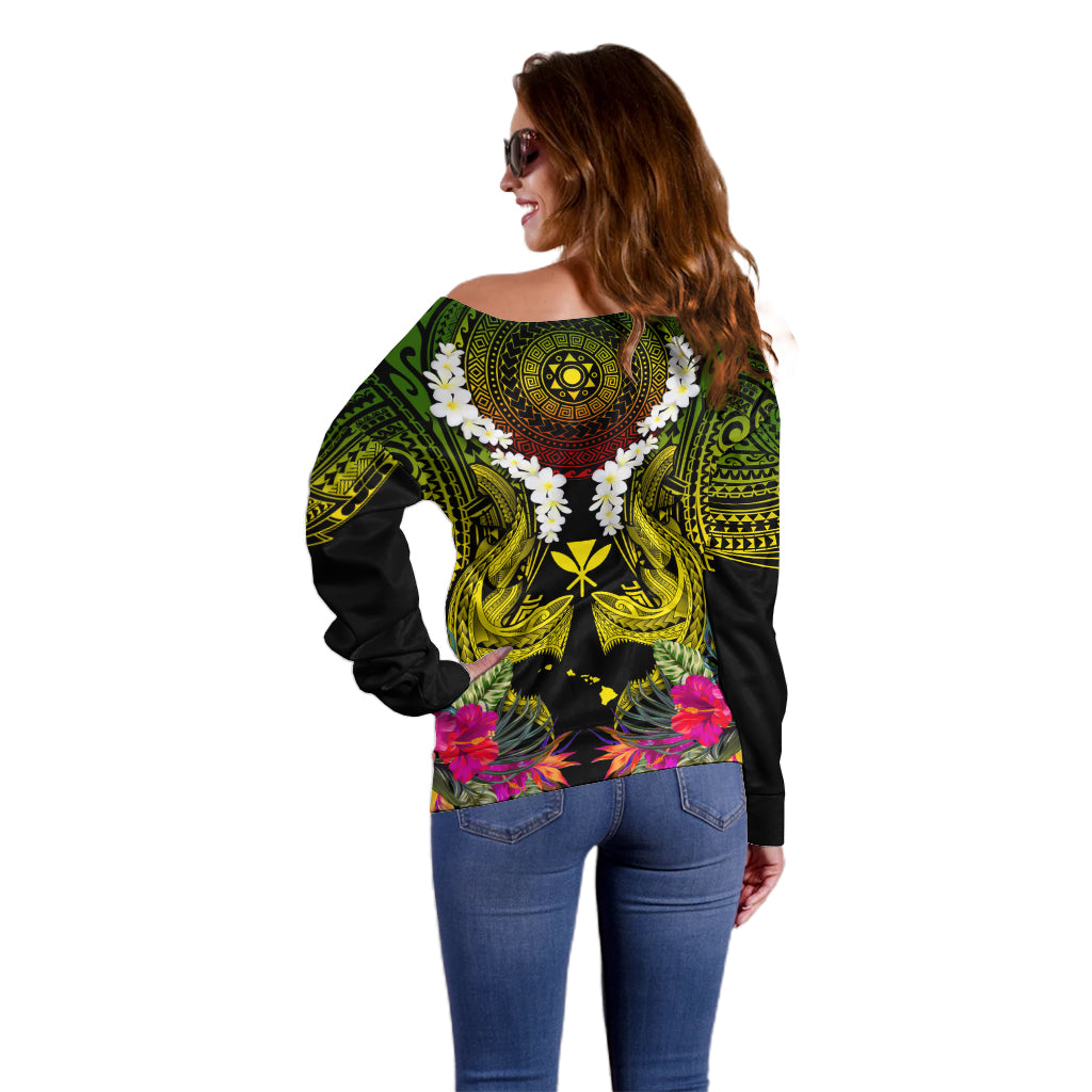 Hawaii Kanaka Maoli Off Shoulder Sweater Double Shark and Hibiscus Flowers LT03 - Polynesian Pride