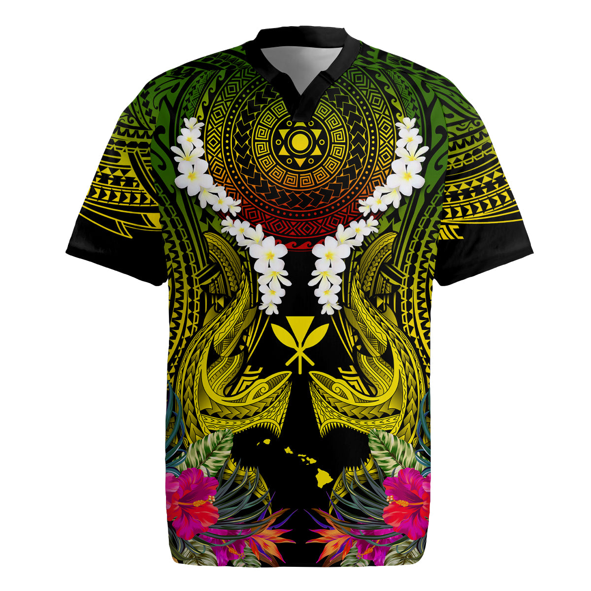 Hawaii Kanaka Maoli Rugby Jersey Double Shark and Hibiscus Flowers LT03 Black - Polynesian Pride