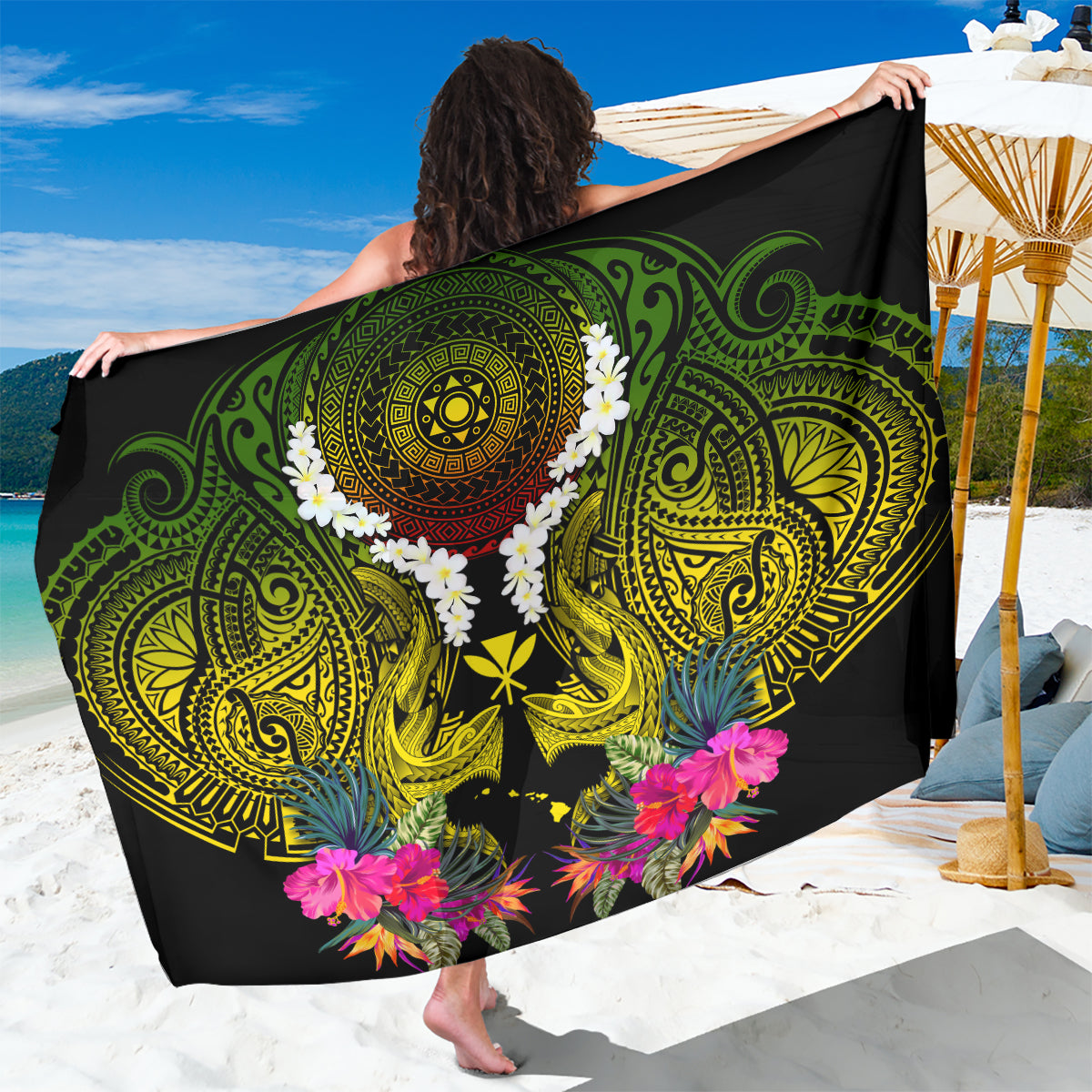 Hawaii Kanaka Maoli Sarong Double Shark and Hibiscus Flowers LT03 One Size 44 x 66 inches Black - Polynesian Pride