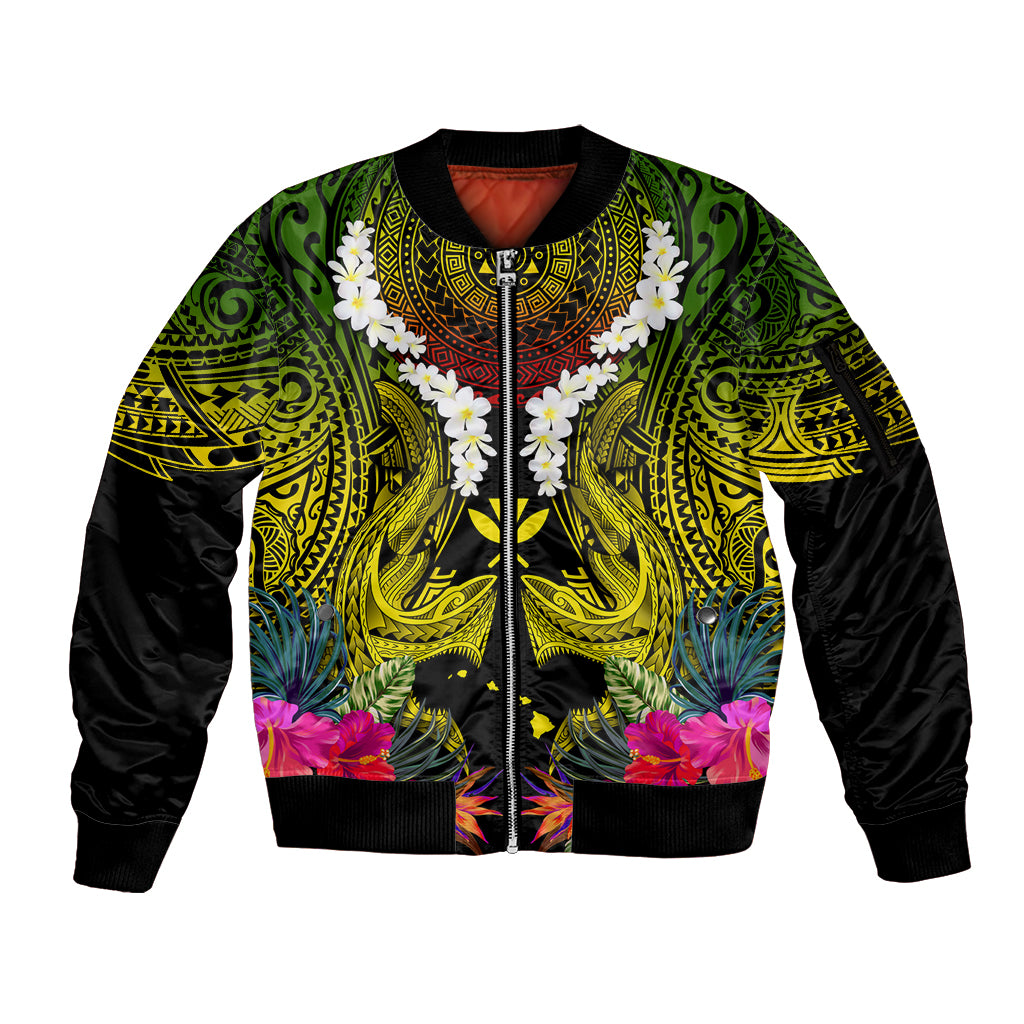 Hawaii Kanaka Maoli Sleeve Zip Bomber Jacket Double Shark and Hibiscus Flowers LT03 Unisex Black - Polynesian Pride