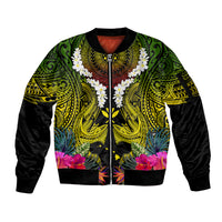 Hawaii Kanaka Maoli Sleeve Zip Bomber Jacket Double Shark and Hibiscus Flowers LT03 Unisex Black - Polynesian Pride