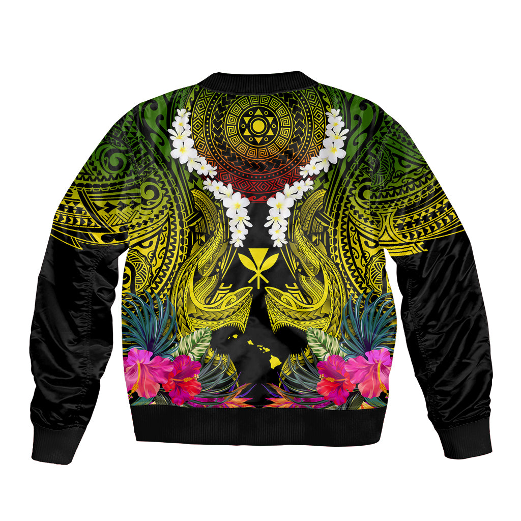 Hawaii Kanaka Maoli Sleeve Zip Bomber Jacket Double Shark and Hibiscus Flowers LT03 - Polynesian Pride