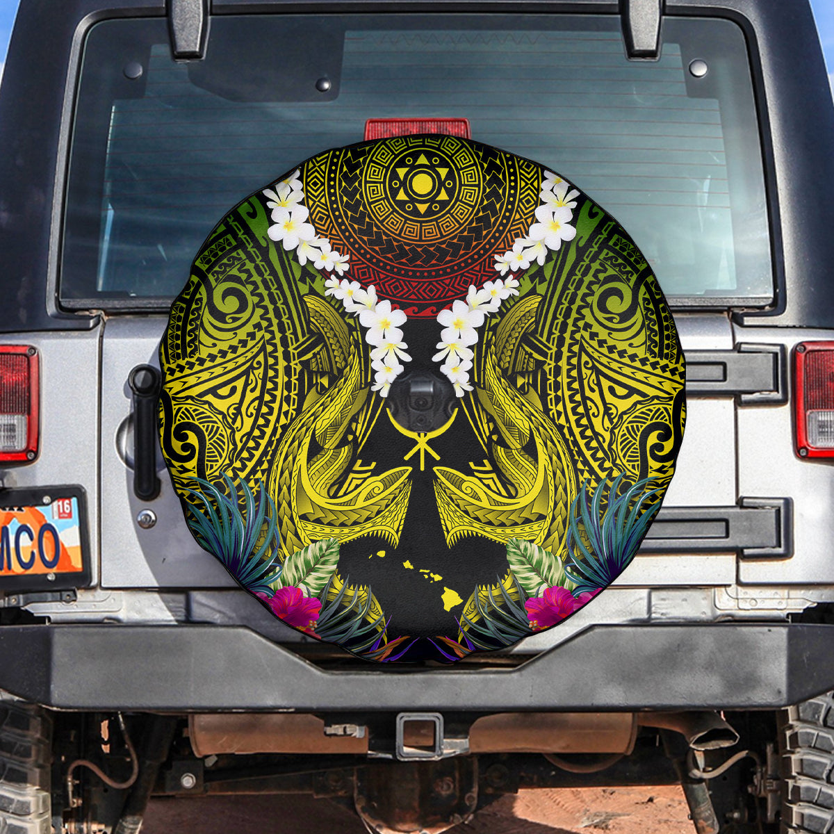 Hawaii Kanaka Maoli Spare Tire Cover Double Shark and Hibiscus Flowers LT03 Black - Polynesian Pride