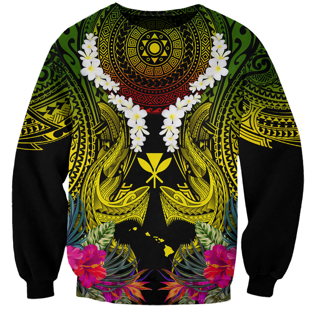 Hawaii Kanaka Maoli Sweatshirt Double Shark and Hibiscus Flowers LT03 Unisex Black - Polynesian Pride