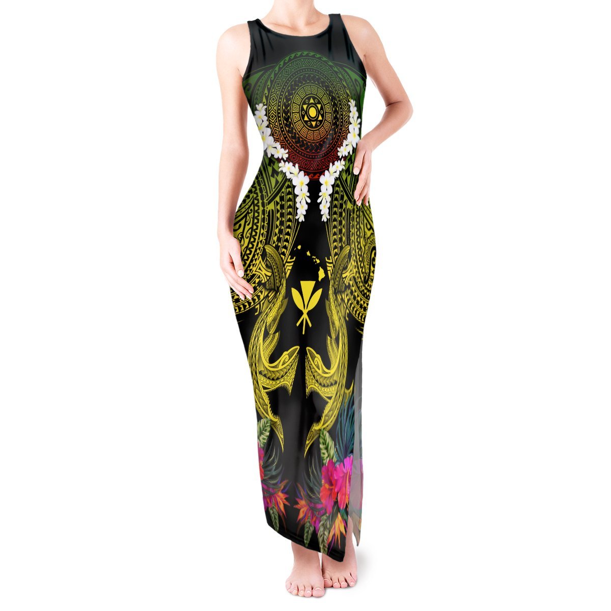Hawaii Kanaka Maoli Tank Maxi Dress Double Shark and Hibiscus Flowers LT03 Women Black - Polynesian Pride