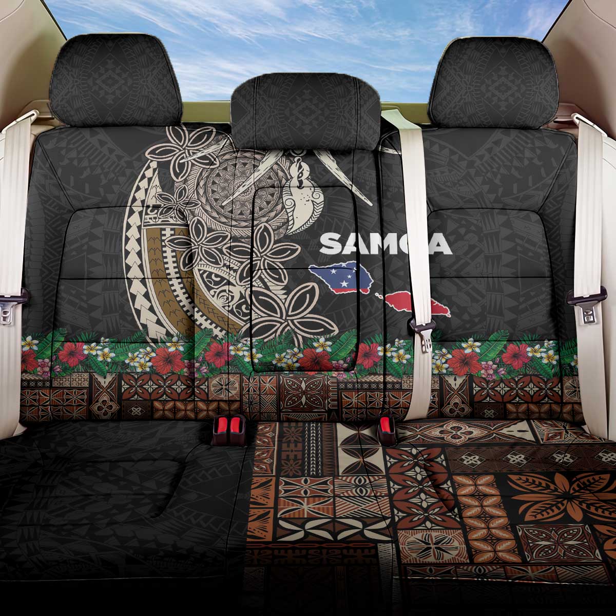 Samoa Siapo Polynesian Art Back Car Seat Cover Tropical Flowers and Tatau Pattern Brown LT03 One Size Brown - Polynesian Pride