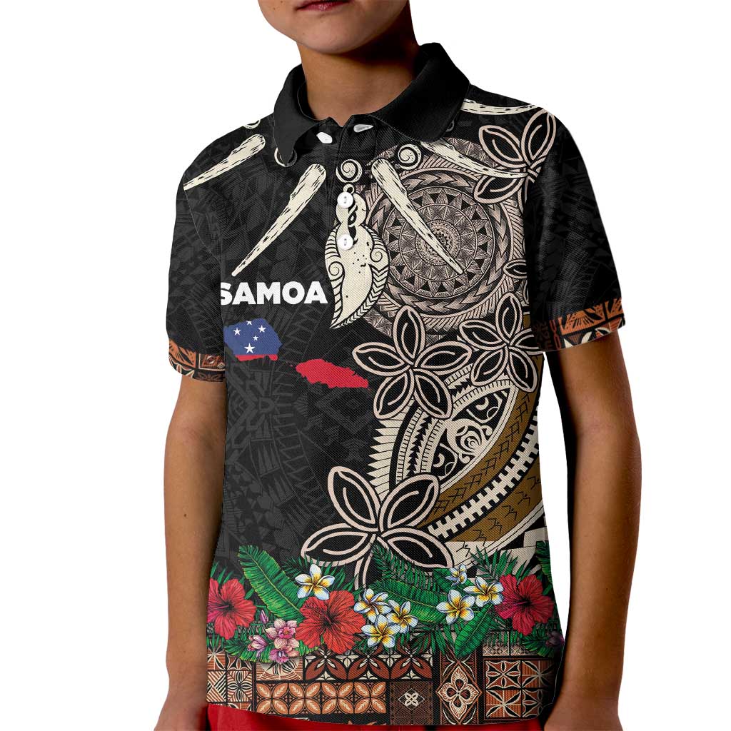 Samoa Siapo Polynesian Art Kid Polo Shirt Tropical Flowers and Tatau Pattern Brown LT03 Kid Brown - Polynesian Pride