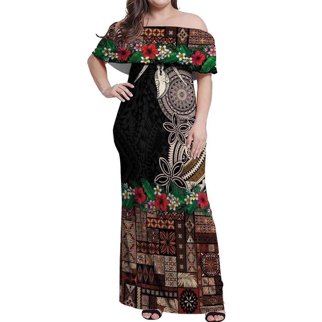 Samoa Siapo Polynesian Art Off Shoulder Maxi Dress Tropical Flowers and Tatau Pattern Brown LT03 Women Brown - Polynesian Pride